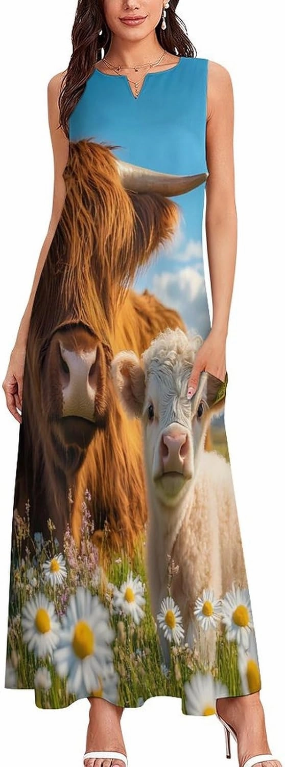 Highland Cow Women's Maxi Dress V-Neck Sleeveless Summer Casual Beach Long Dresses