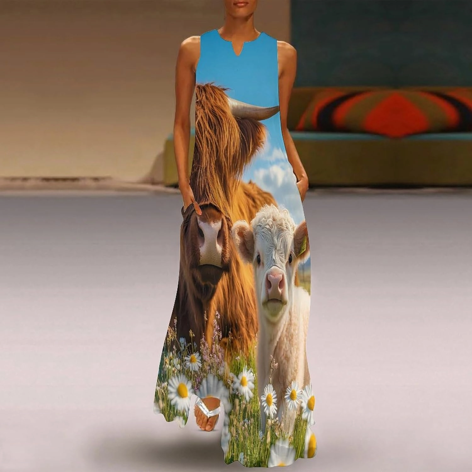 Highland Cow Women's Maxi Dress V-Neck Sleeveless Summer Casual Beach Long Dresses