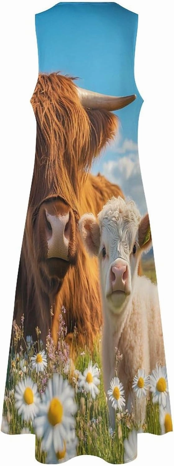 Highland Cow Women's Maxi Dress V-Neck Sleeveless Summer Casual Beach Long Dresses
