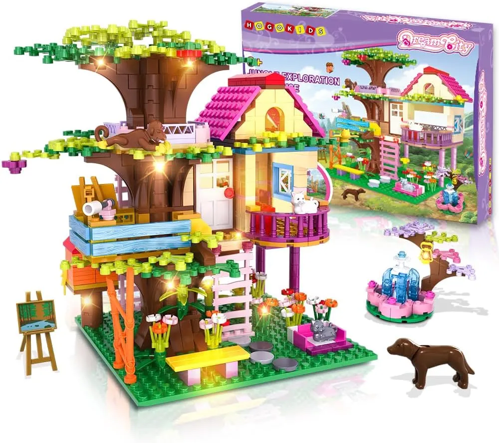 HOGOKIDS Tree House Building Toy with LED Light - 613PCS STEM Treehouse Girl Building Block Set with Fountain Animals, Birthday Gifts for Girls Boys Kids Ages 6 7 8 9 10 11 12 