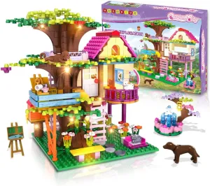 HOGOKIDS Tree House Building Toy with LED Light - 613PCS STEM Treehouse Girl Building Block Set with Fountain Animals, Birthday Gifts for Girls Boys Kids Ages 6 7 8 9 10 11 12 