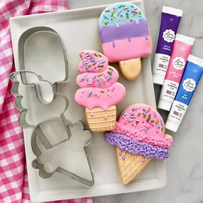 Ice Cream Cookie Cutters and Decorating 6-Pc. Set Made in USA by Ann Clark, Hard Ice Cream Cone, Soft Serve, Popsicle, Purple, Pink, & Sky Blue Food Coloring Gel