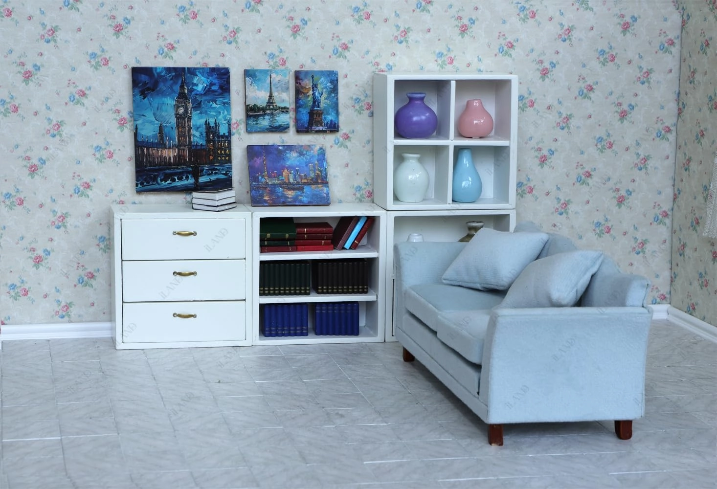 iLAND Dollhouse Flooring on 1/12 Scale 1/6 Scale, Miniature Dollhouse Accessories, 115pcs Double-Sided Dollhouse Floor Tiles (French White Floral & Grey Marble Tiles)