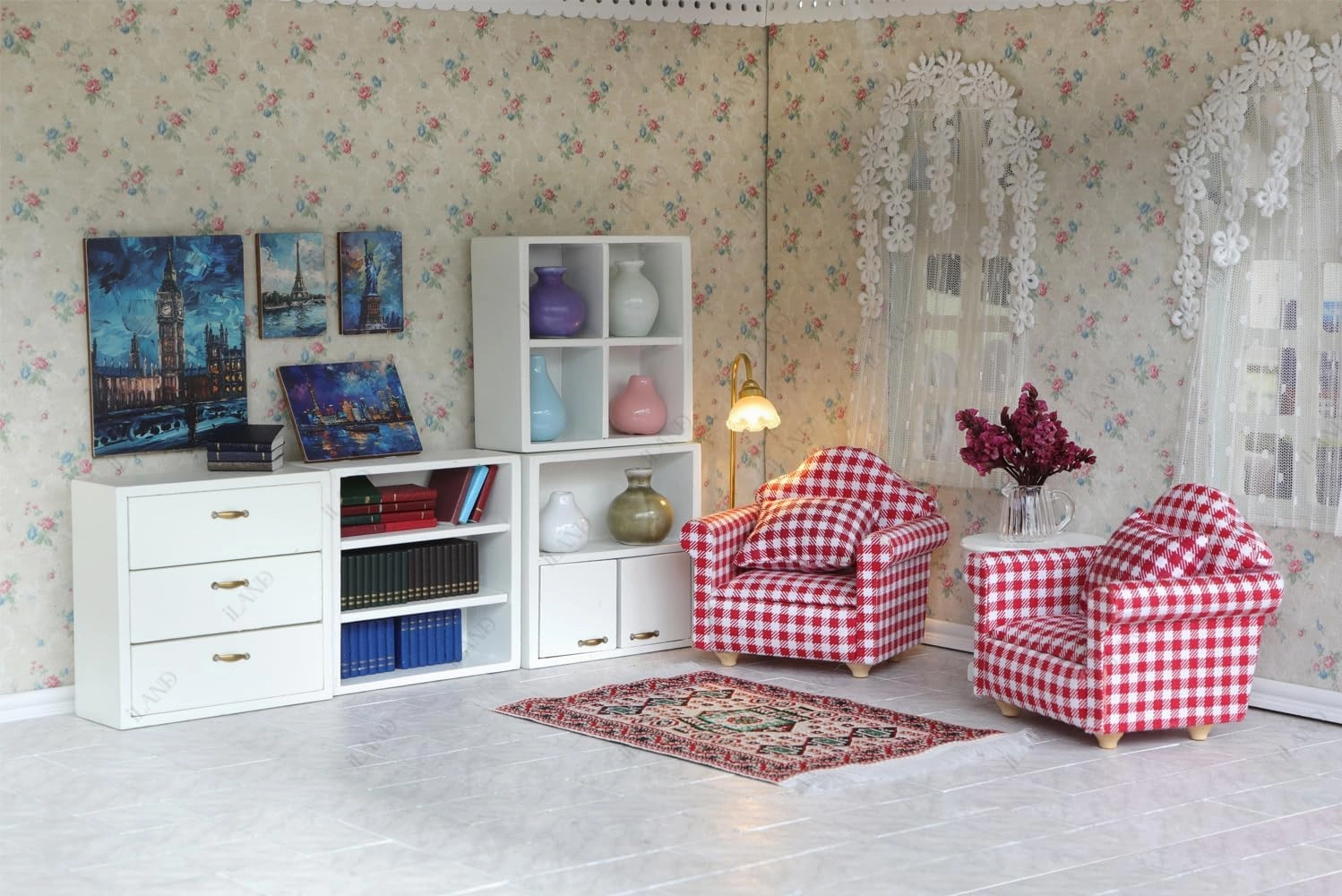 iLAND Dollhouse Flooring on 1/12 Scale 1/6 Scale, Miniature Dollhouse Accessories, 115pcs Double-Sided Dollhouse Floor Tiles (French White Floral & Grey Marble Tiles)