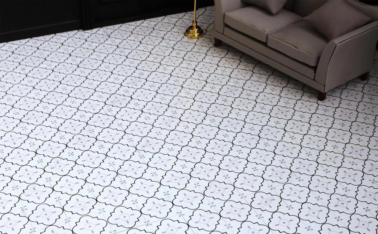 iLAND Dollhouse Flooring on 1/12 Scale 1/6 Scale, Miniature Dollhouse Accessories, 115pcs Double-Sided Dollhouse Floor Tiles (French White Floral & Grey Marble Tiles)