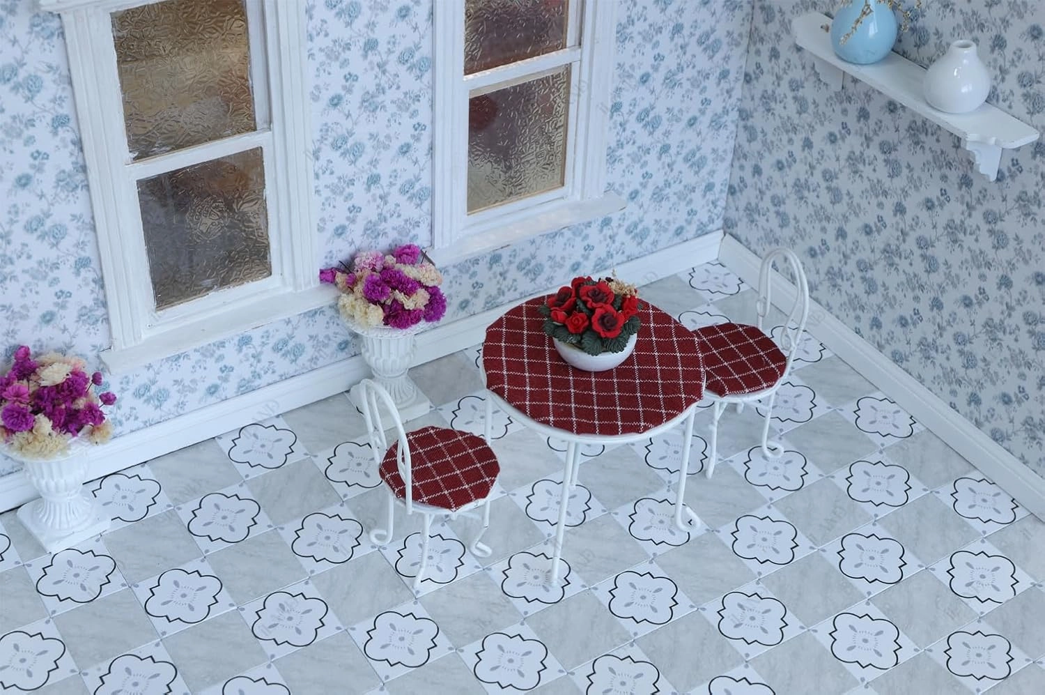 iLAND Dollhouse Flooring on 1/12 Scale 1/6 Scale, Miniature Dollhouse Accessories, 115pcs Double-Sided Dollhouse Floor Tiles (French White Floral & Grey Marble Tiles)
