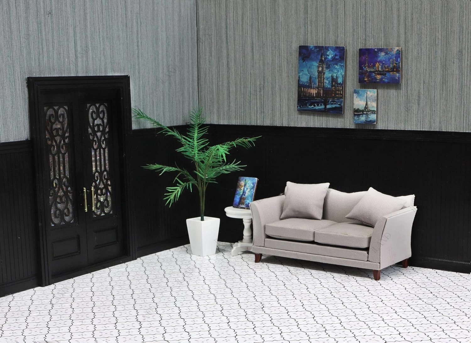 iLAND Dollhouse Flooring on 1/12 Scale 1/6 Scale, Miniature Dollhouse Accessories, 115pcs Double-Sided Dollhouse Floor Tiles (French White Floral & Grey Marble Tiles)