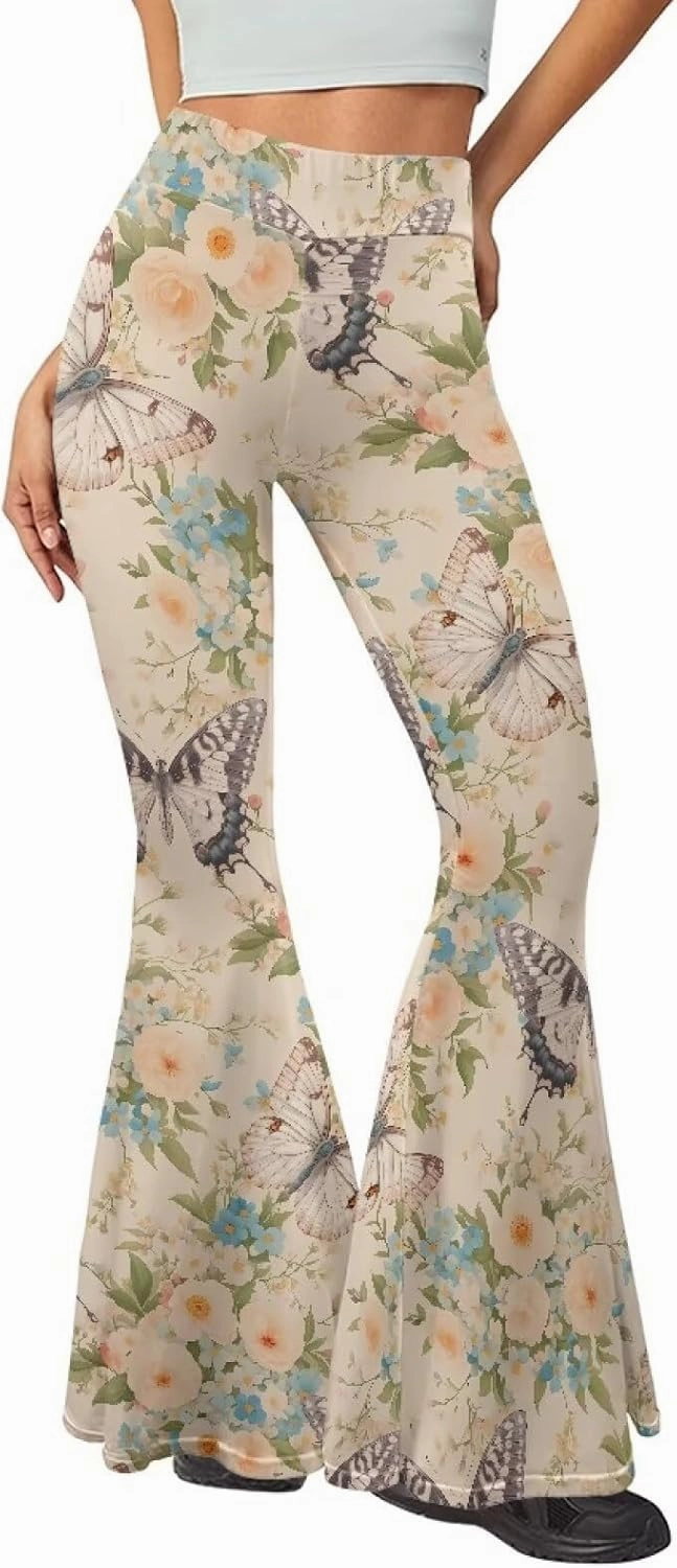 Irisjudy Women's High Waist Cow Print Flared Leg Leggings Plus Size, Cartoon Cats Dogs Bell Bottom Yoga Pants Trousers