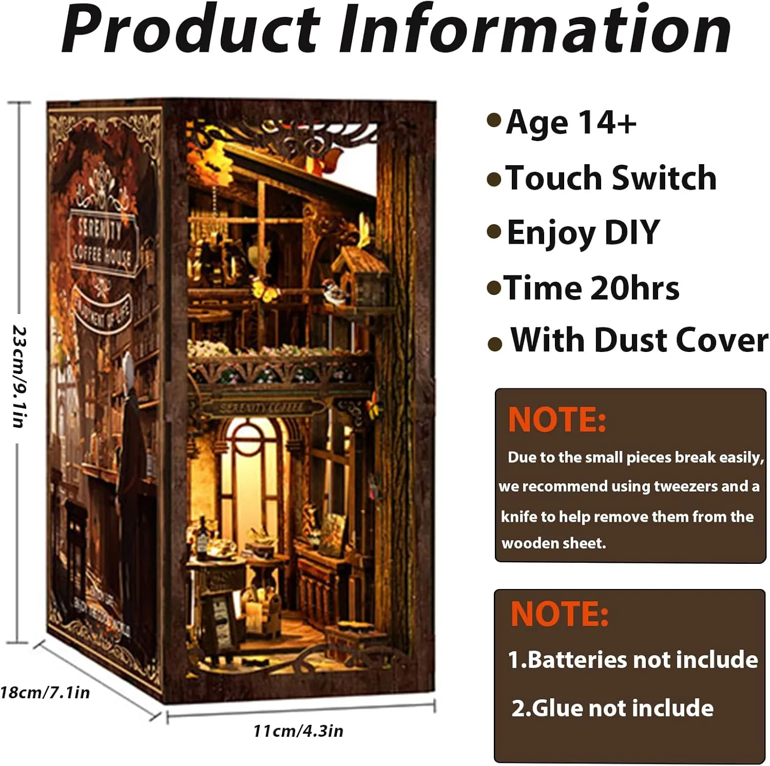 ISSEVE Book Nook Kit, DIY 3D Wooden Puzzle Bookends for Adults, Tiny Miniature House Kit Bookshelf Decor with LED Light and Dust Cover, Gifts for Women Teen Craft Lovers (Coffee House)