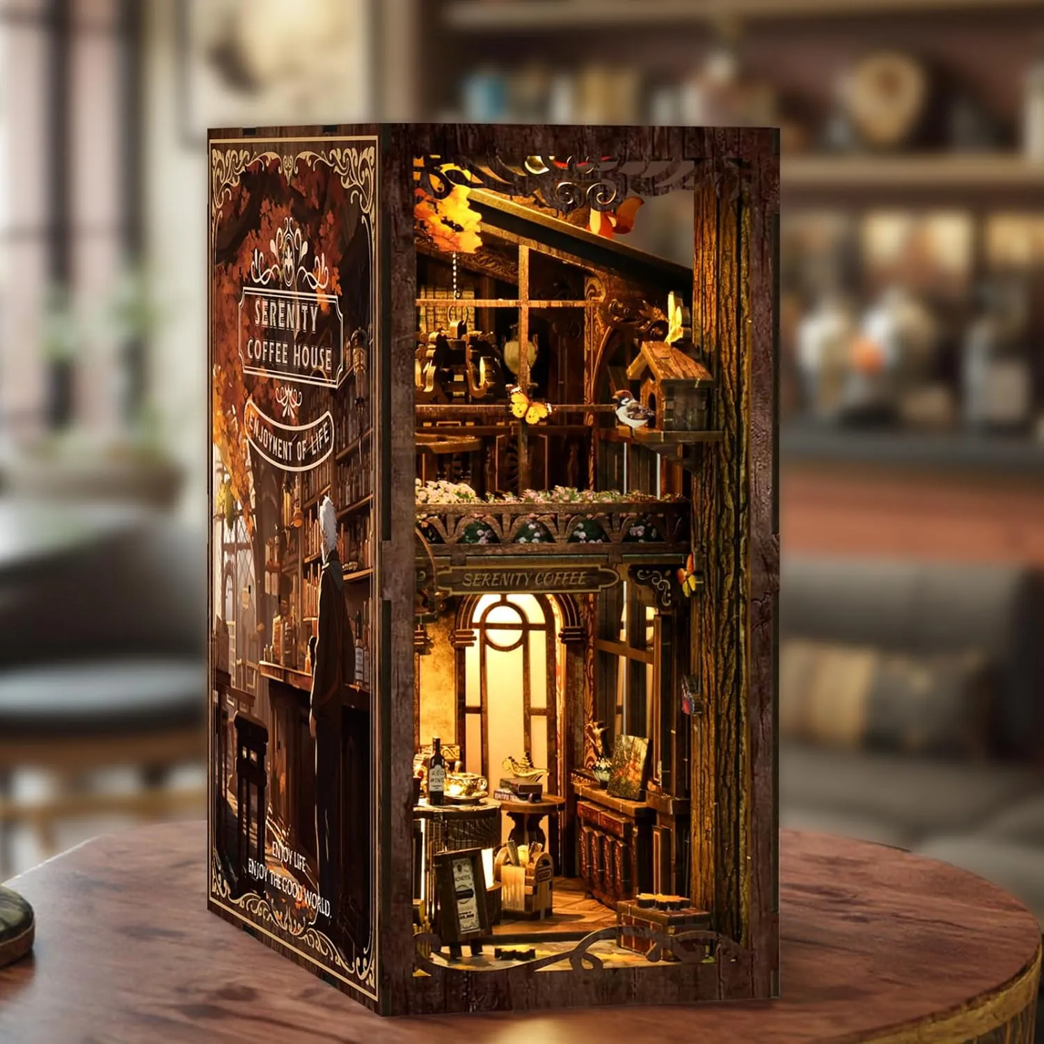 ISSEVE Book Nook Kit, DIY 3D Wooden Puzzle Bookends for Adults, Tiny Miniature House Kit Bookshelf Decor with LED Light and Dust Cover, Gifts for Women Teen Craft Lovers (Coffee House)