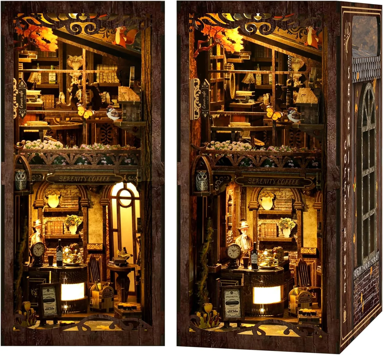 ISSEVE Book Nook Kit, DIY 3D Wooden Puzzle Bookends for Adults, Tiny Miniature House Kit Bookshelf Decor with LED Light and Dust Cover, Gifts for Women Teen Craft Lovers (Coffee House)