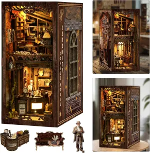 ISSEVE Book Nook Kit, DIY 3D Wooden Puzzle Bookends for Adults, Tiny Miniature House Kit Bookshelf Decor with LED Light and Dust Cover, Gifts for Women Teen Craft Lovers (Coffee House)