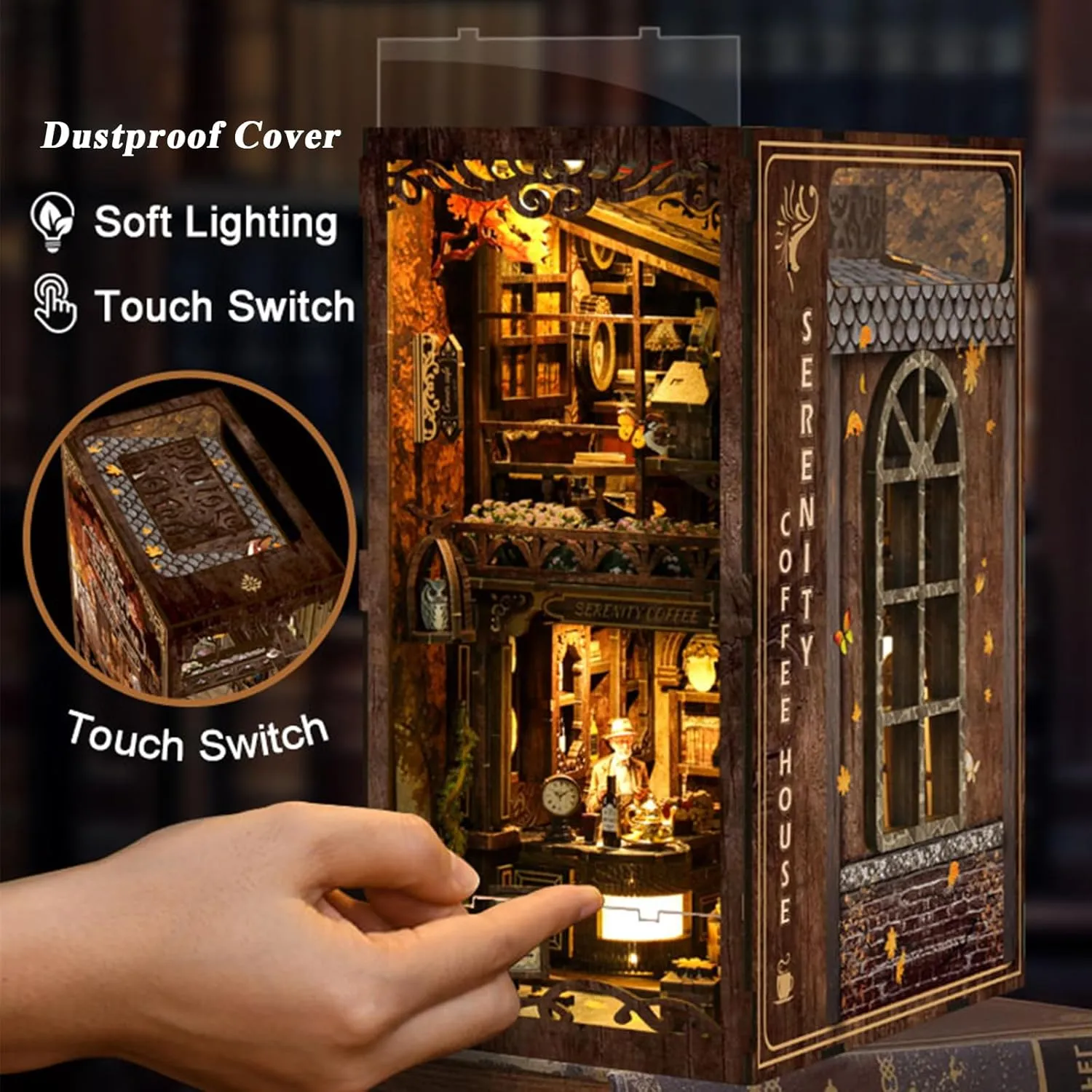 ISSEVE Book Nook Kit, DIY 3D Wooden Puzzle Bookends for Adults, Tiny Miniature House Kit Bookshelf Decor with LED Light and Dust Cover, Gifts for Women Teen Craft Lovers (Coffee House)