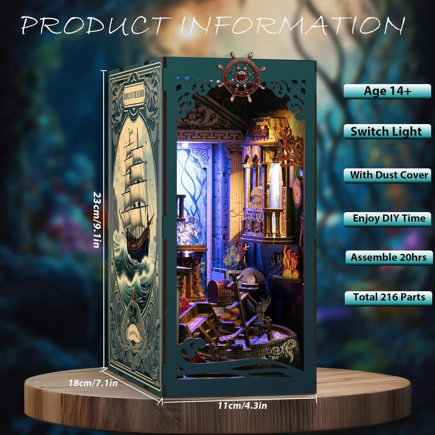 ISSEVE Book Nook Kit, DIY 3D Wooden Puzzle Dollhouse Booknook for Adults, Tiny Miniature House Kit Bookshelf Decor with LED Light and Dust Cover, Gifts for Family and Friends (Sea Maze)