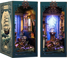ISSEVE Book Nook Kit, DIY 3D Wooden Puzzle Dollhouse Booknook for Adults, Tiny Miniature House Kit Bookshelf Decor with LED Light and Dust Cover, Gifts for Family and Friends (Sea Maze)