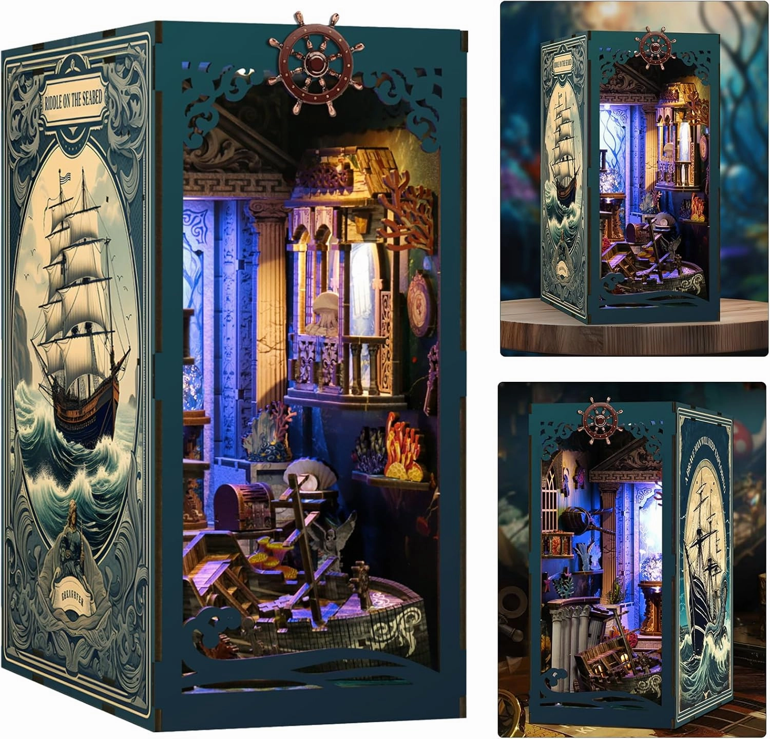 ISSEVE Book Nook Kit, DIY 3D Wooden Puzzle Dollhouse Booknook for Adults, Tiny Miniature House Kit Bookshelf Decor with LED Light and Dust Cover, Gifts for Family and Friends (Sea Maze)