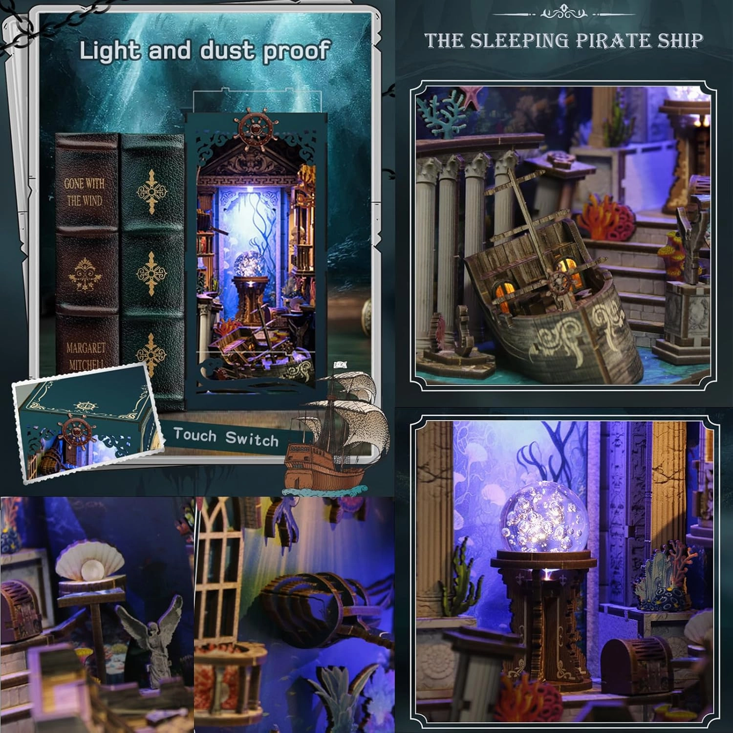 ISSEVE Book Nook Kit, DIY 3D Wooden Puzzle Dollhouse Booknook for Adults, Tiny Miniature House Kit Bookshelf Decor with LED Light and Dust Cover, Gifts for Family and Friends (Sea Maze)