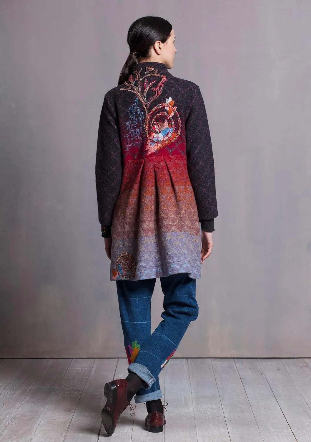 IVKO Long Light Wool Coat in Ombre with Embroidery, Brown Ombre