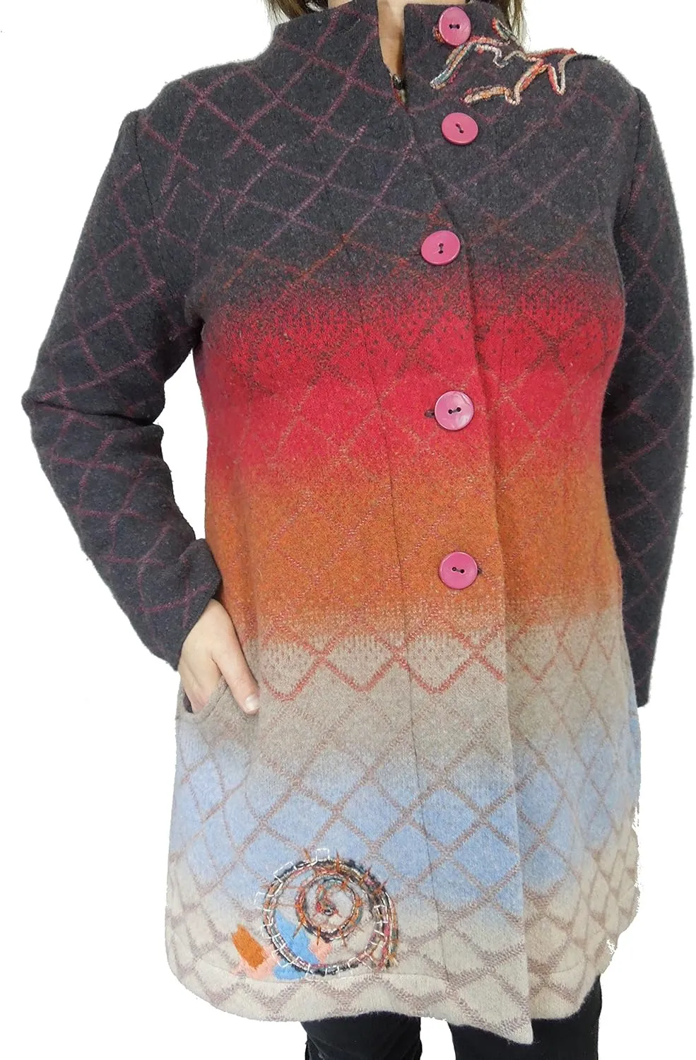 IVKO Long Light Wool Coat in Ombre with Embroidery, Brown Ombre