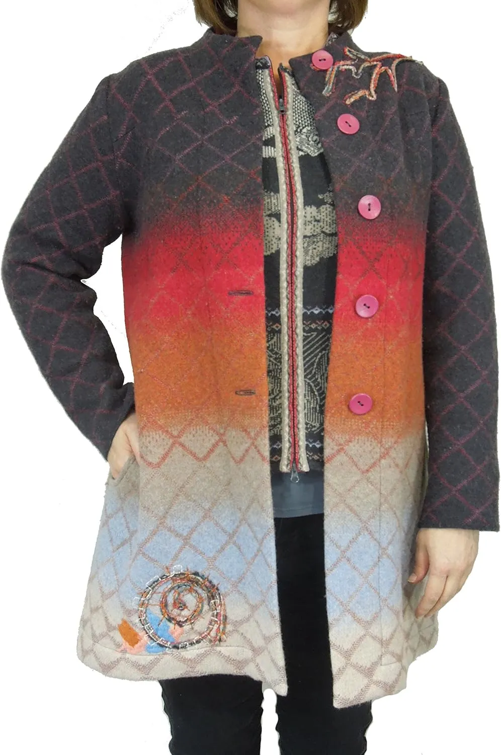 IVKO Long Light Wool Coat in Ombre with Embroidery, Brown Ombre