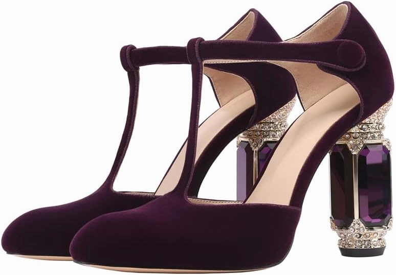 JANSEVEN Women Chunky High Heels Block Heeled Crystal Pumps Unique Jewel Gemstone Heel Round Closed Toe With Rhinestone Suede T-strap Sandals Party Bridal Wedding Shoes
