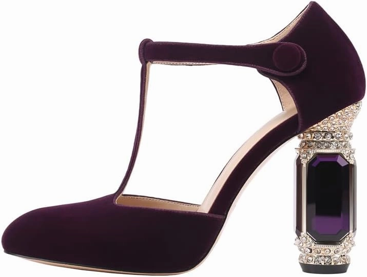 JANSEVEN Women Chunky High Heels Block Heeled Crystal Pumps Unique Jewel Gemstone Heel Round Closed Toe With Rhinestone Suede T-strap Sandals Party Bridal Wedding Shoes