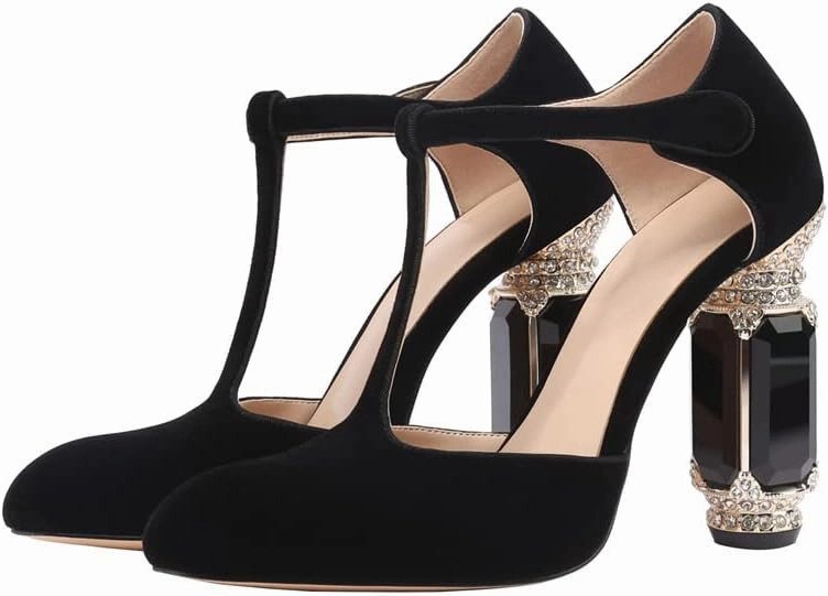 JANSEVEN Women Chunky High Heels Block Heeled Crystal Pumps Unique Jewel Gemstone Heel Round Closed Toe With Rhinestone Suede T-strap Sandals Party Bridal Wedding Shoes