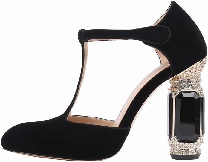 JANSEVEN Women Chunky High Heels Block Heeled Crystal Pumps Unique Jewel Gemstone Heel Round Closed Toe With Rhinestone Suede T-strap Sandals Party Bridal Wedding Shoes