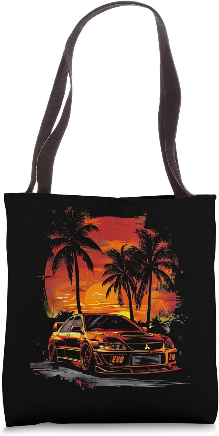 JDM Tokyo EVO Car Lowered Stance Summer Palm Trees Drift Car Tote Bag