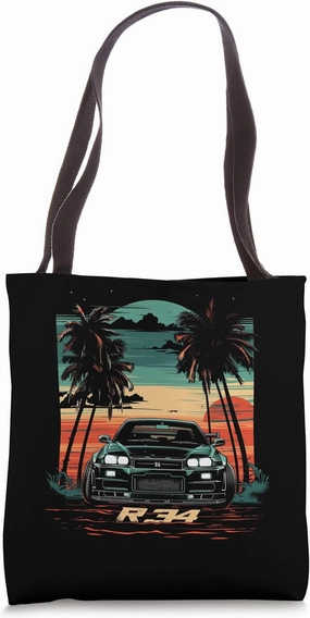 JDM Tokyo R34 Car Lowered Stance Summer Sunset Drift Car Tote Bag