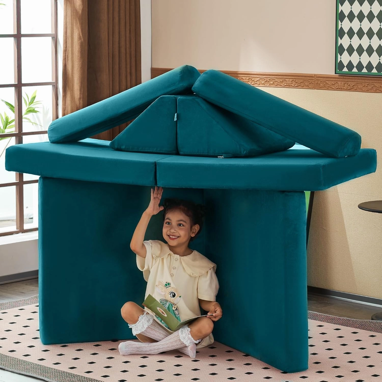 jela Kids Couch Safety Certified Play Couch Soft Kids Sofa with Machine Washable Cover Thick Foam Fort Building Set for Playroom Indoor (57"x28"x18" (56.7"x28.3"x17.3", Lake)