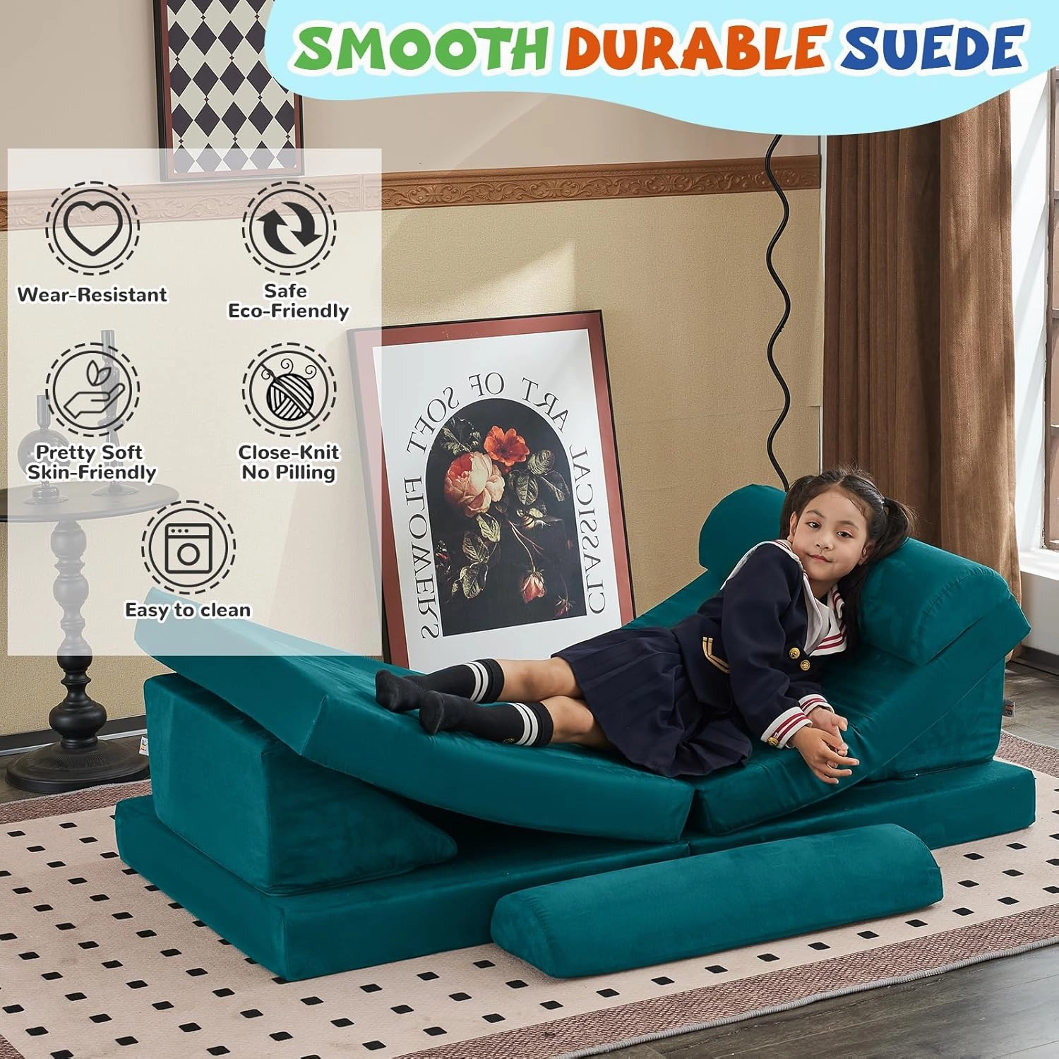 jela Kids Couch Safety Certified Play Couch Soft Kids Sofa with Machine Washable Cover Thick Foam Fort Building Set for Playroom Indoor (57"x28"x18" (56.7"x28.3"x17.3", Lake)