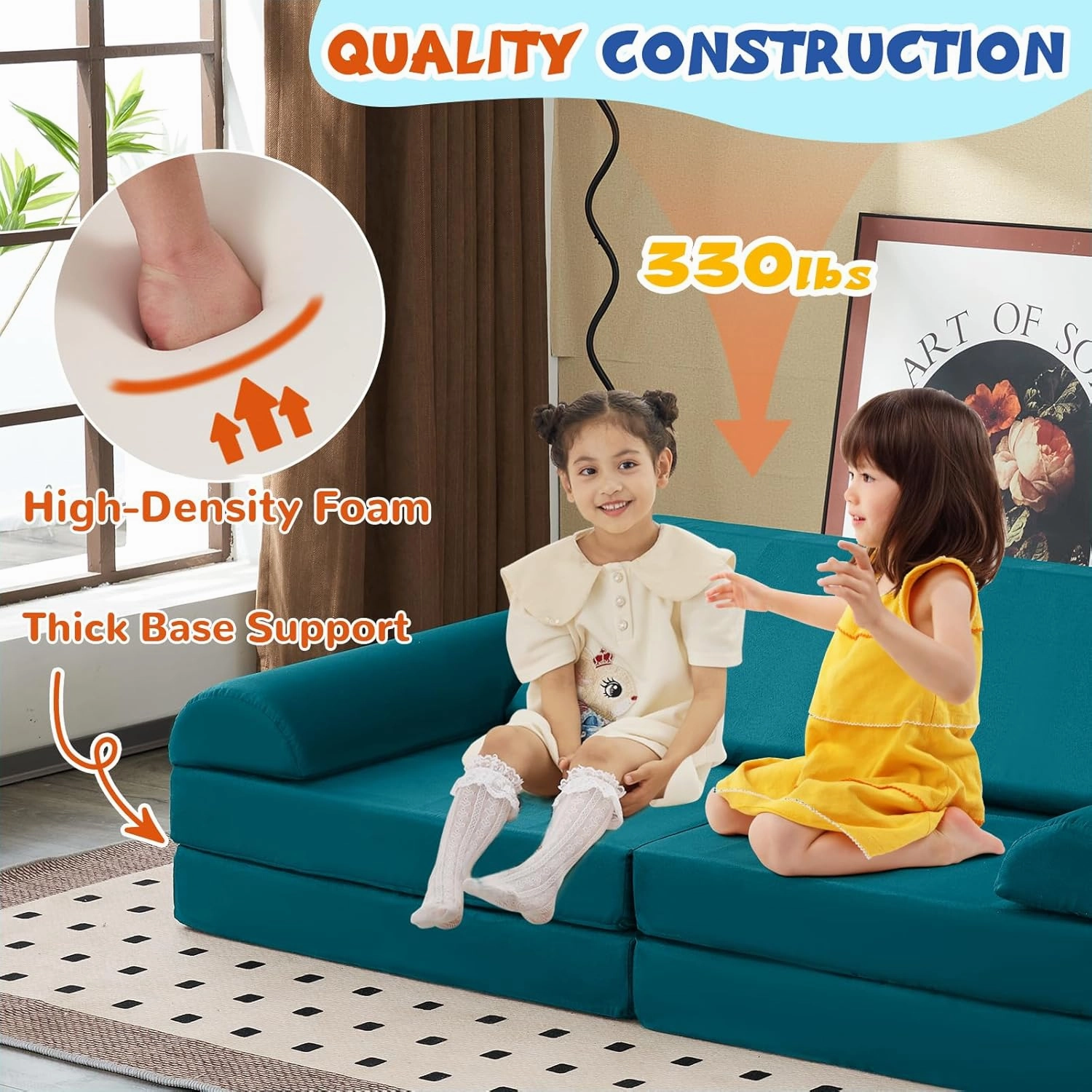 jela Kids Couch Safety Certified Play Couch Soft Kids Sofa with Machine Washable Cover Thick Foam Fort Building Set for Playroom Indoor (57"x28"x18" (56.7"x28.3"x17.3", Lake)