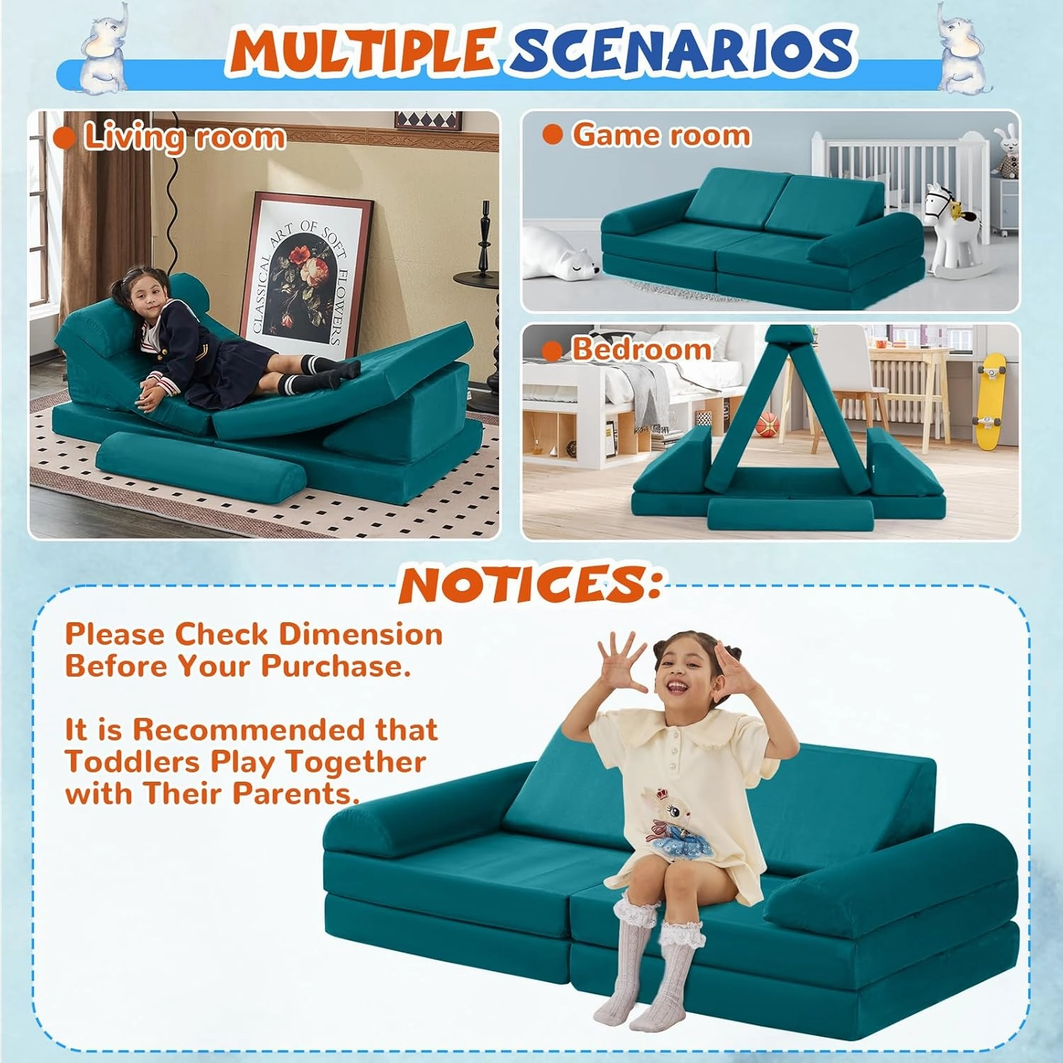 jela Kids Couch Safety Certified Play Couch Soft Kids Sofa with Machine Washable Cover Thick Foam Fort Building Set for Playroom Indoor (57"x28"x18" (56.7"x28.3"x17.3", Lake)