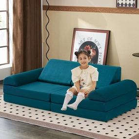 jela Kids Couch Safety Certified Play Couch Soft Kids Sofa with Machine Washable Cover Thick Foam Fort Building Set for Playroom Indoor (57"x28"x18" (56.7"x28.3"x17.3", Lake)