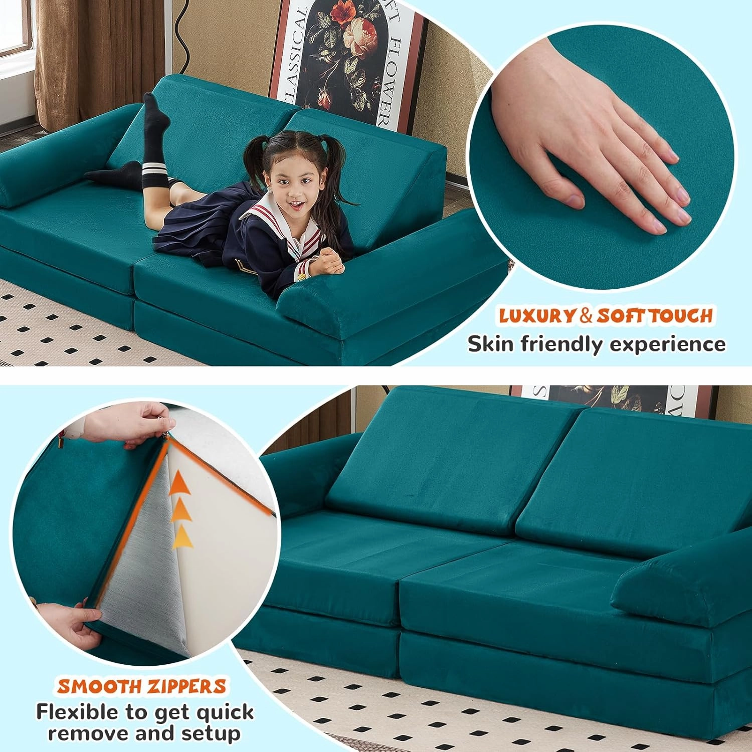 jela Kids Couch Safety Certified Play Couch Soft Kids Sofa with Machine Washable Cover Thick Foam Fort Building Set for Playroom Indoor (57"x28"x18" (56.7"x28.3"x17.3", Lake)