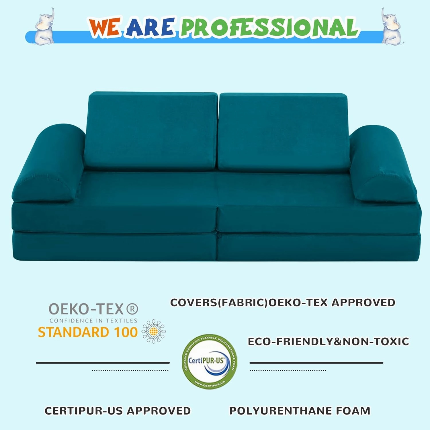 jela Kids Couch Safety Certified Play Couch Soft Kids Sofa with Machine Washable Cover Thick Foam Fort Building Set for Playroom Indoor (57"x28"x18" (56.7"x28.3"x17.3", Lake)