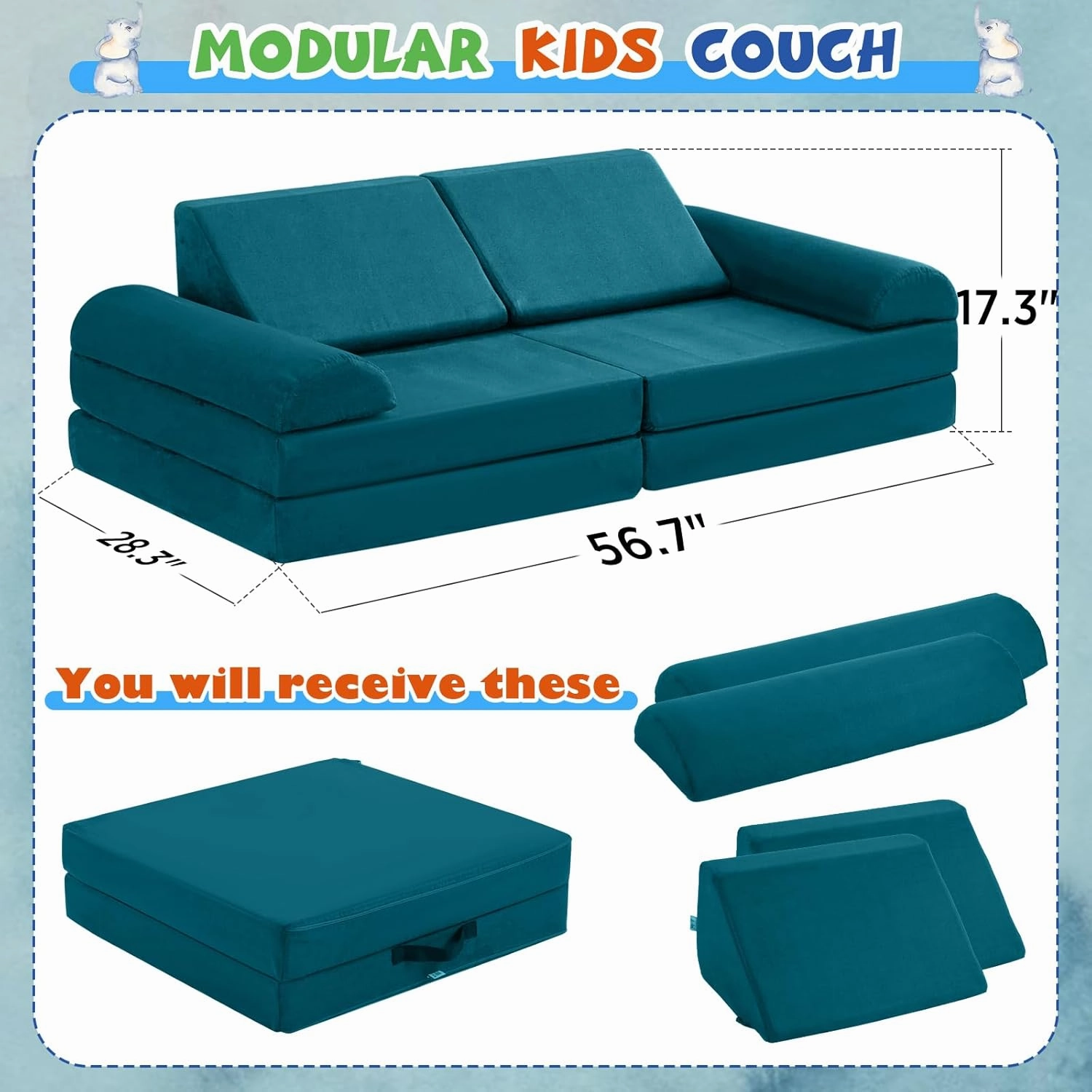 jela Kids Couch Safety Certified Play Couch Soft Kids Sofa with Machine Washable Cover Thick Foam Fort Building Set for Playroom Indoor (57"x28"x18" (56.7"x28.3"x17.3", Lake)
