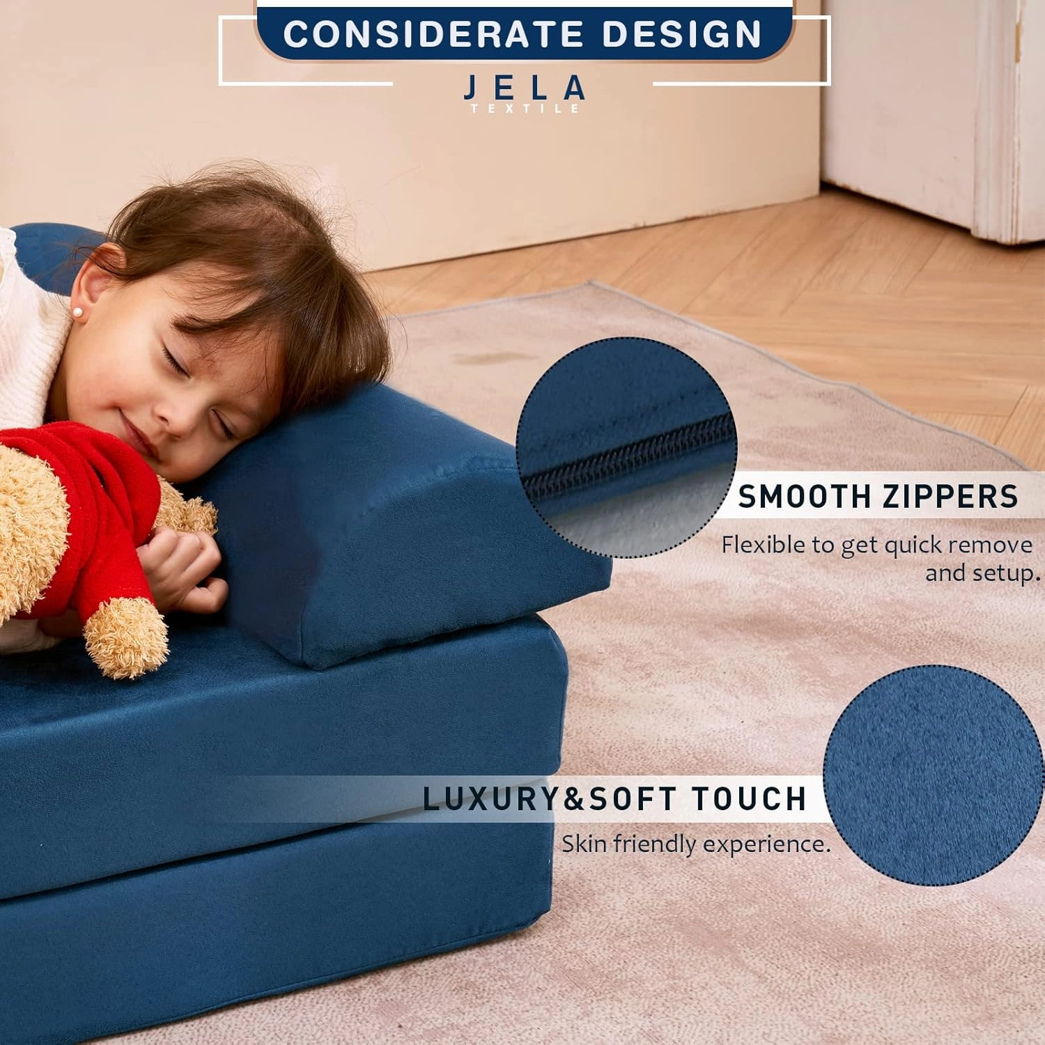 jela Kids Couch Safety Certified Play Couch Soft Kids Sofa with Machine Washable Cover Thick Foam Fort Building Set for Playroom Indoor (57"x28"x18", Navy Blue)