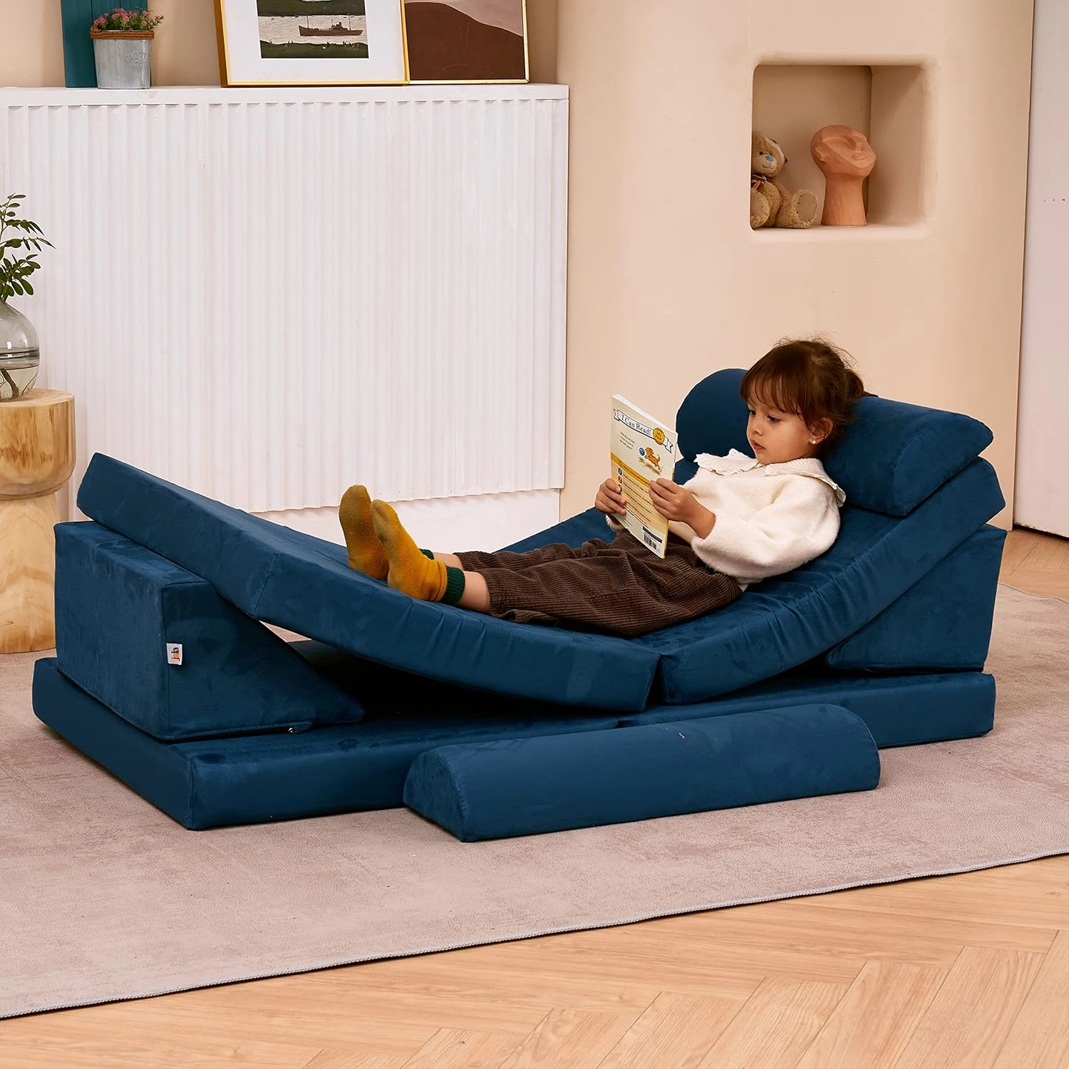 jela Kids Couch Safety Certified Play Couch Soft Kids Sofa with Machine Washable Cover Thick Foam Fort Building Set for Playroom Indoor (57"x28"x18", Navy Blue)