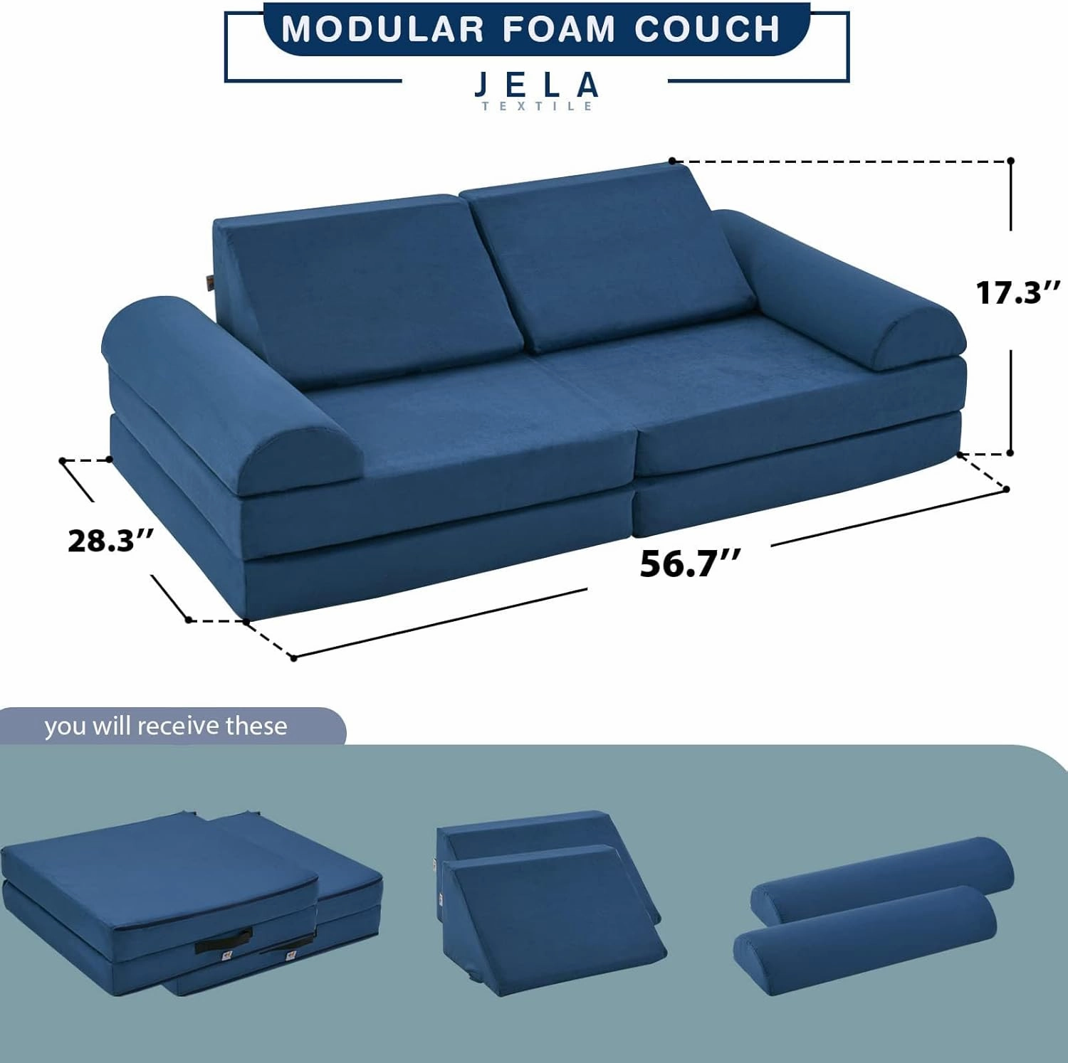 jela Kids Couch Safety Certified Play Couch Soft Kids Sofa with Machine Washable Cover Thick Foam Fort Building Set for Playroom Indoor (57"x28"x18", Navy Blue)