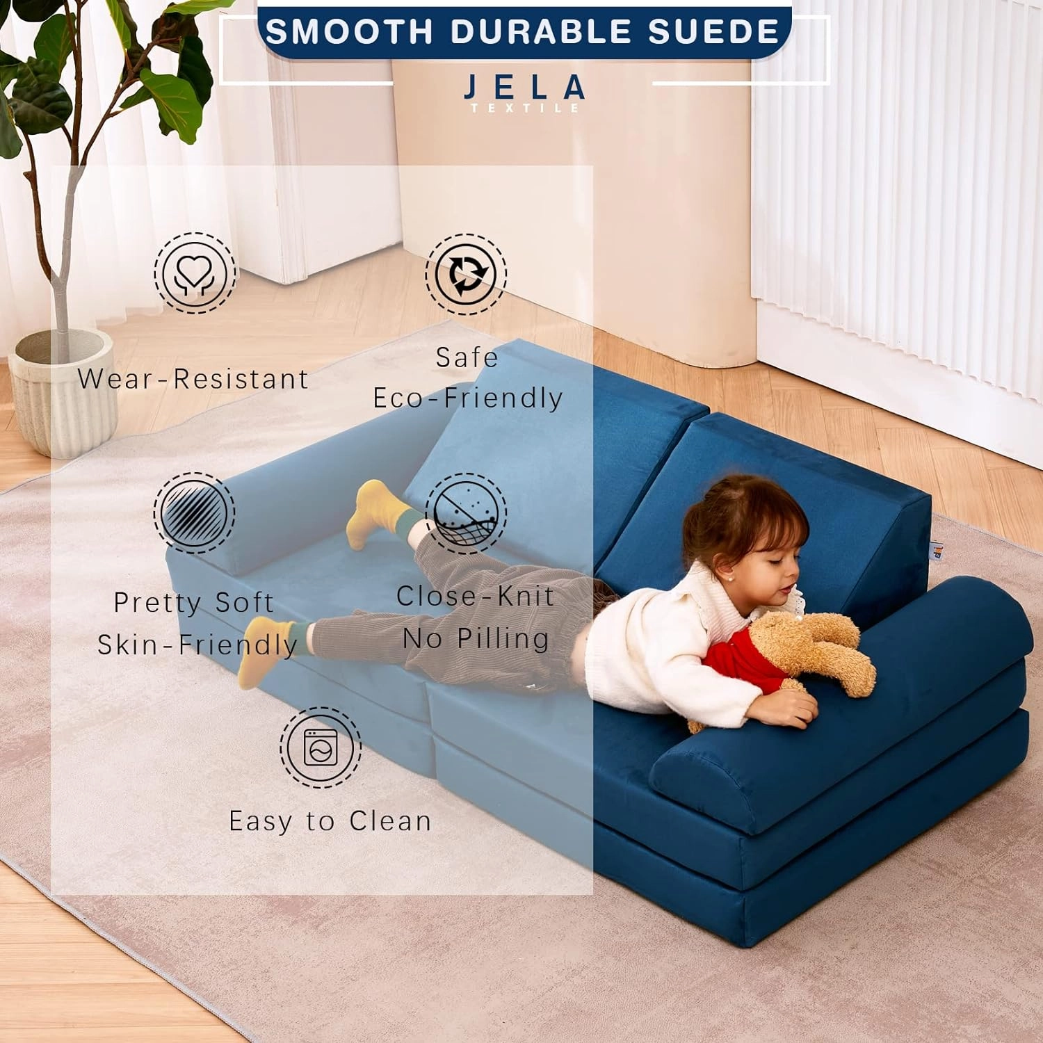 jela Kids Couch Safety Certified Play Couch Soft Kids Sofa with Machine Washable Cover Thick Foam Fort Building Set for Playroom Indoor (57"x28"x18", Navy Blue)