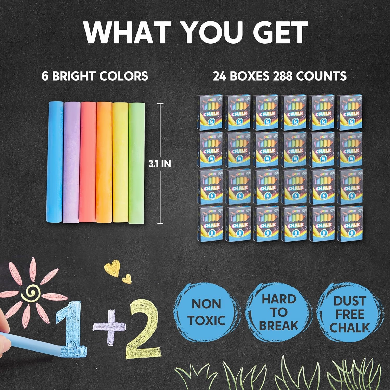 JOYIN 288 Counts Mini Chalk Set for Kids, Non-Toxic Chalks for Boys Girls 3 , School Supplies for Teachers, Goody Bag Fillers, Classroom Prizes Gifts (24 Boxes)