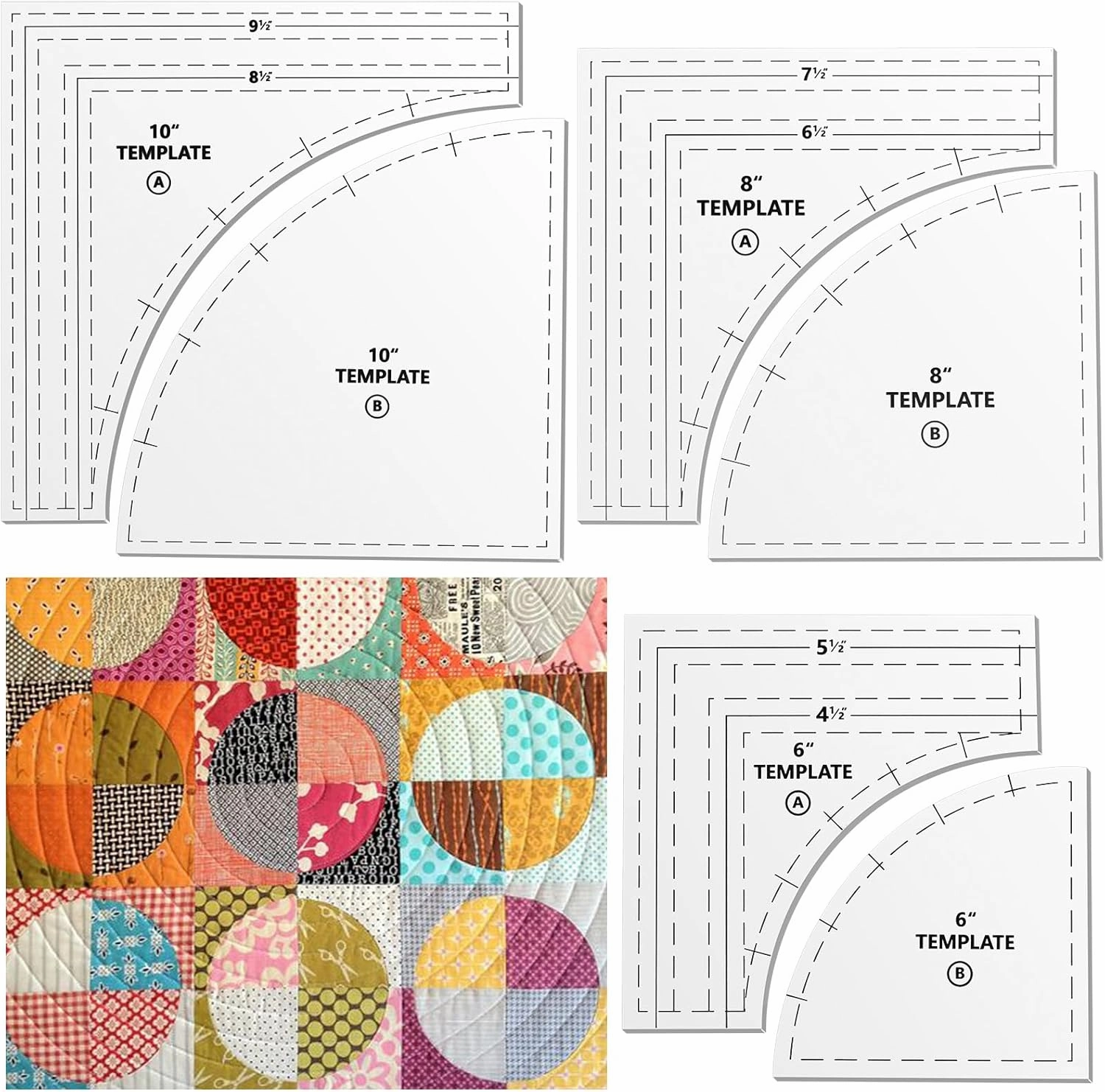 Kigley 3 Set Drunkards Path Quilting Templates Large Quilting Rulers and Templates for Cutting Patterns with 1/4" Seam Allowance Supplies for DIY Craft(Clear,10 x 8 x 6'')