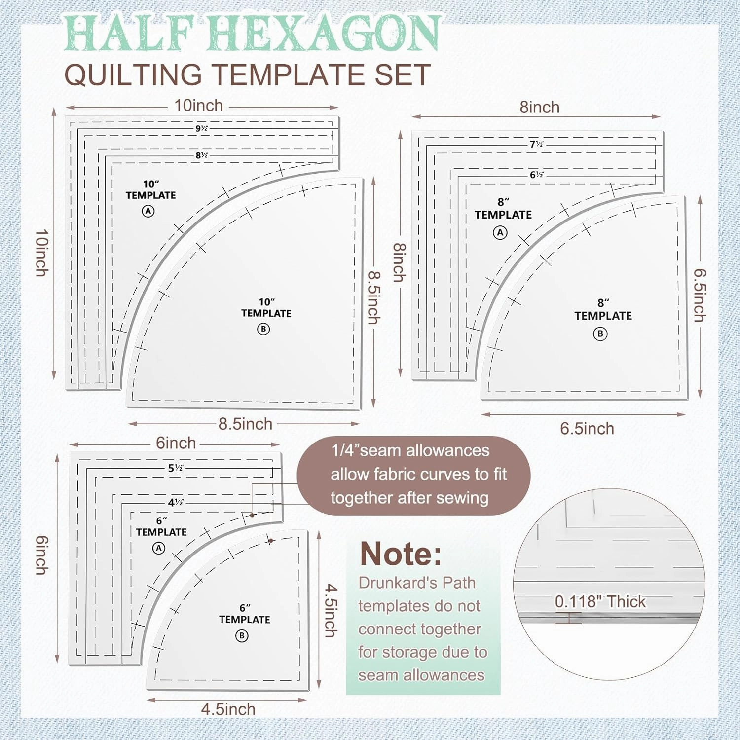 Kigley 3 Set Drunkards Path Quilting Templates Large Quilting Rulers and Templates for Cutting Patterns with 1/4" Seam Allowance Supplies for DIY Craft(Clear,10 x 8 x 6'')
