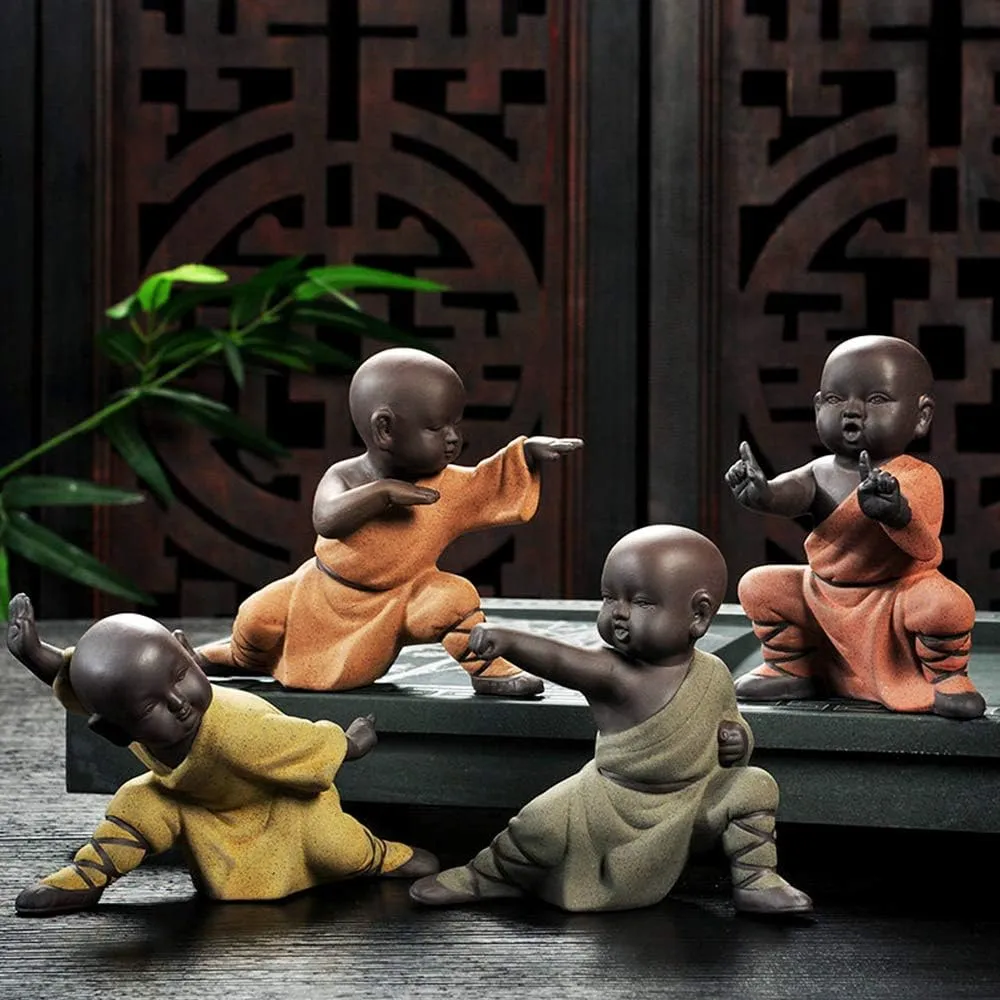 Kingzhuo Miniature Buddha Figurine Ceramic Little Cute Buddha Statue Monk Figurine Creative Baby Crafts Dolls Ornaments Gift Chinese Delicate Ceramic Arts and Crafts kung fu Little Monks (Type 4)