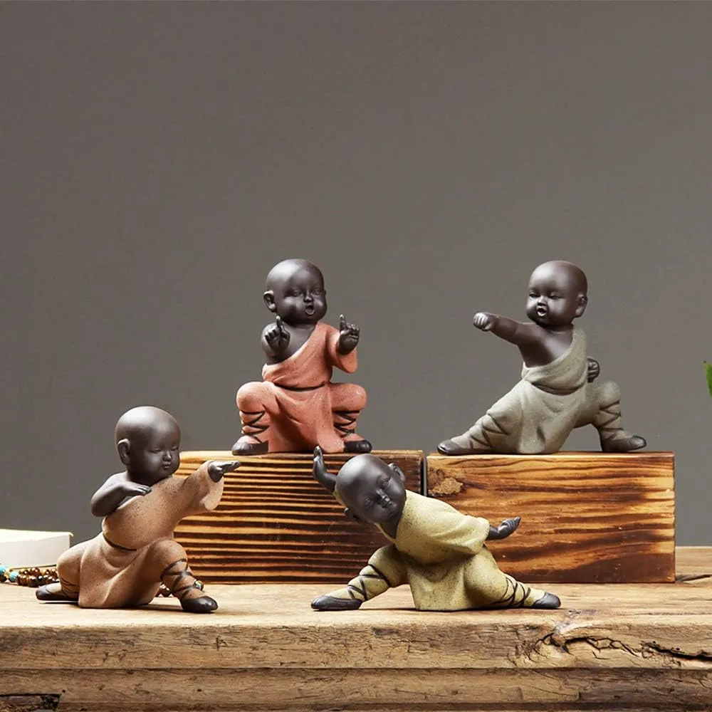 Kingzhuo Miniature Buddha Figurine Ceramic Little Cute Buddha Statue Monk Figurine Creative Baby Crafts Dolls Ornaments Gift Chinese Delicate Ceramic Arts and Crafts kung fu Little Monks (Type 4)