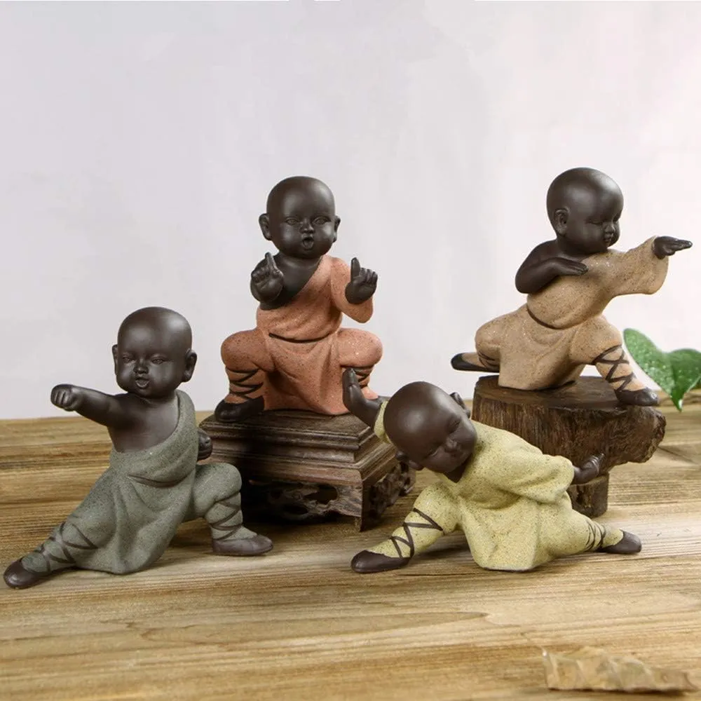 Kingzhuo Miniature Buddha Figurine Ceramic Little Cute Buddha Statue Monk Figurine Creative Baby Crafts Dolls Ornaments Gift Chinese Delicate Ceramic Arts and Crafts kung fu Little Monks (Type 4)