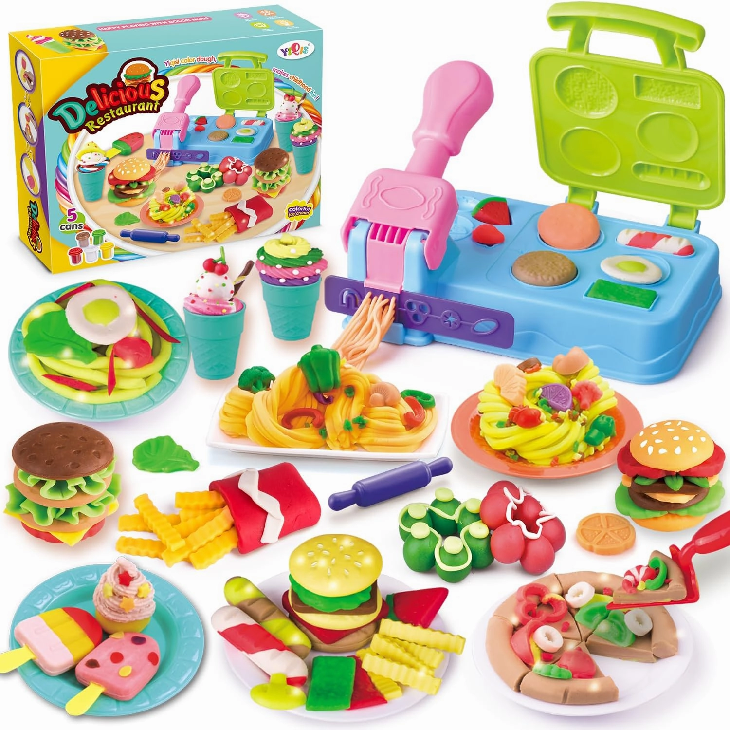 Kitchen Creations Appliance Set,Color Dough Sets for Kids Ages 4-8,Burger Barbecue Play Food Modeling Dough Toys,21 Play Kitchen Accessories,5 Cans 2 oz Dough Colors