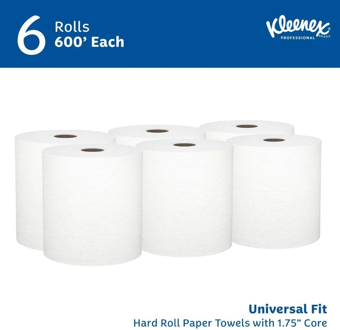 Kleenex Professional Universal Hard Roll Paper Towels, Bulk (50606), 1.75" Core, Premium Absorbency Pockets, White (6 Rolls at 600' Each, 3,600'/Case)